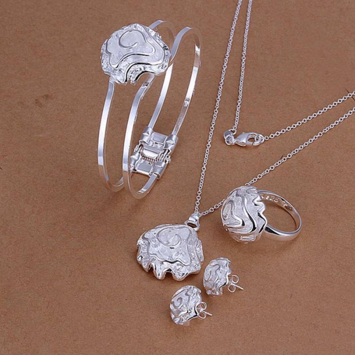 SS322 Silver Flower Bracelet Earrings Rings Necklace Jewelry Sets