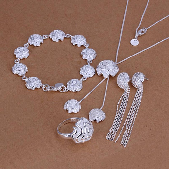 SS323 Silver Flower Bracelet Earrings Rings Necklace Jewelry Sets