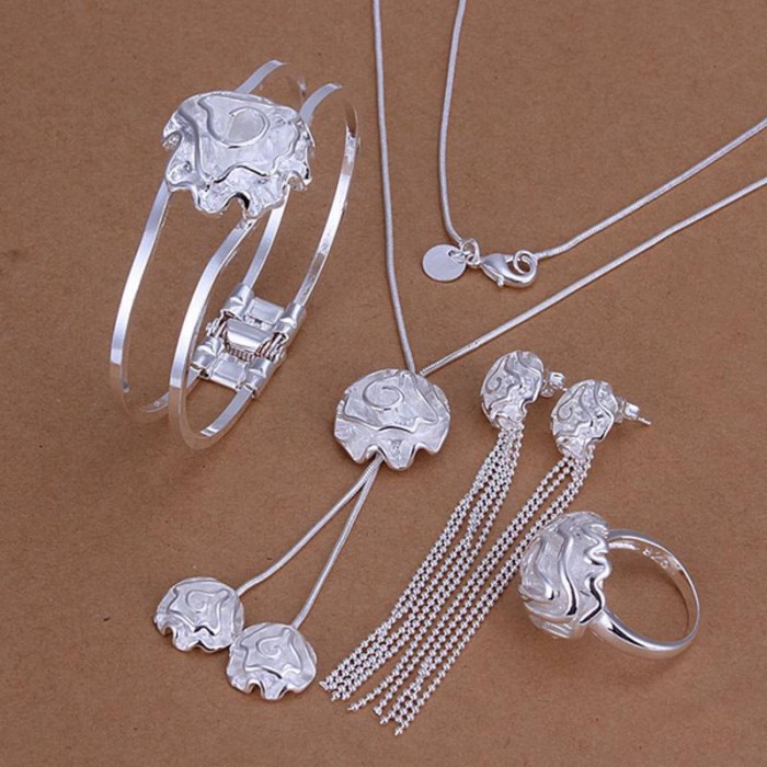 SS324 Silver Flower Bracelet Earrings Rings Necklace Jewelry Sets