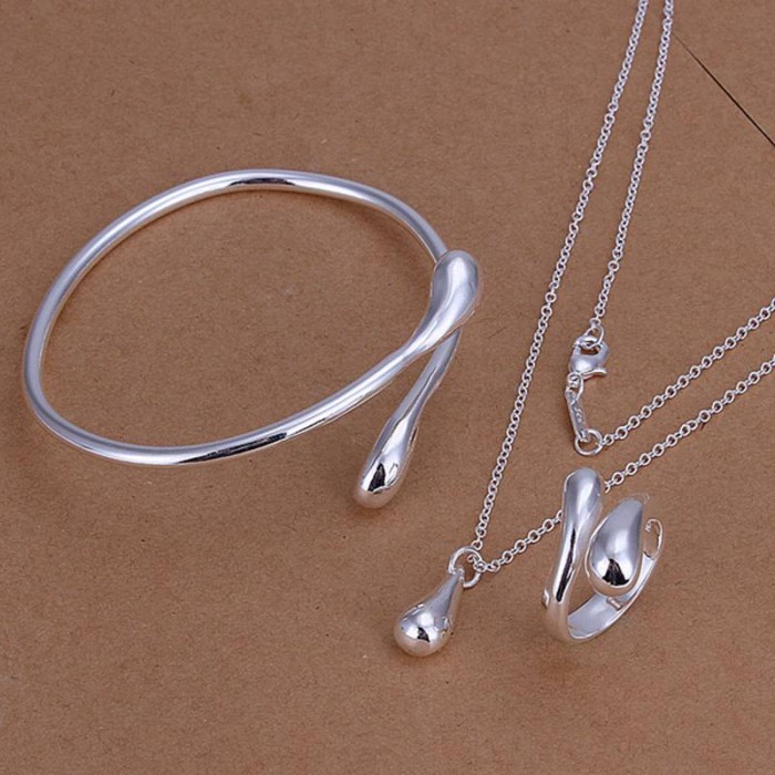 SS331 Silver Waterdrop Bracelet Rings Necklace Jewelry Sets