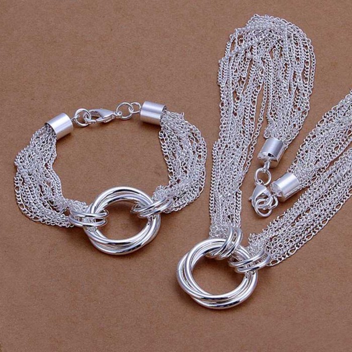 SS338 Silver Chain Circle Bracelet Necklace Jewelry Sets