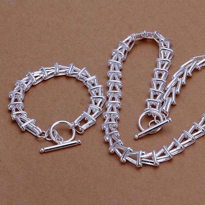 SS340 Silver Ladder Bracelet Necklace Jewelry Sets