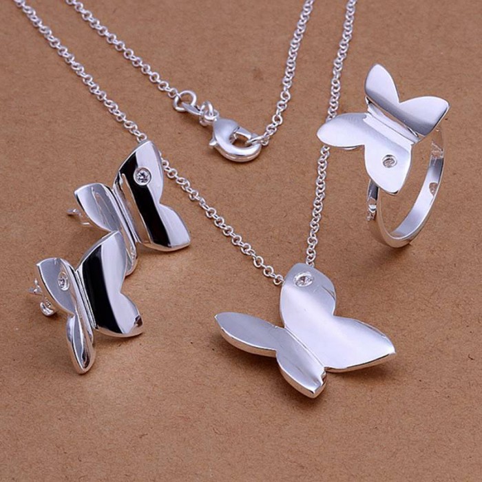 SS347 Silver Crystal Butterfly Earrings Rings Necklace Jewelry Sets