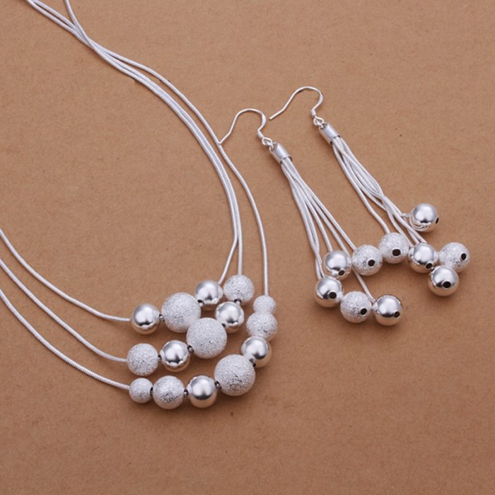 SS363 Silver Chain Beads Earrings Necklace Jewelry Sets