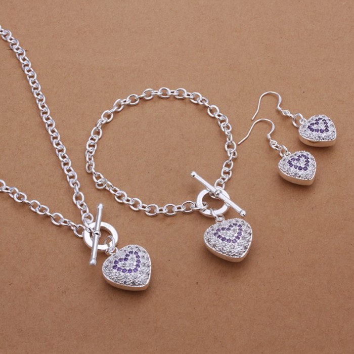 SS372 Silver Purple Crystal Heart Bracelet Earrings Necklace Jewelry Sets
