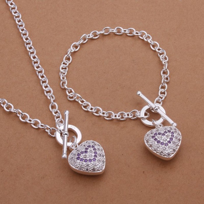 SS373 Silver Purple Crystal Heart Bracelet Necklace Jewelry Sets