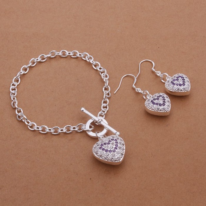 SS374 Silver Purple Crystal Heart Bracelet Earrings Jewelry Sets