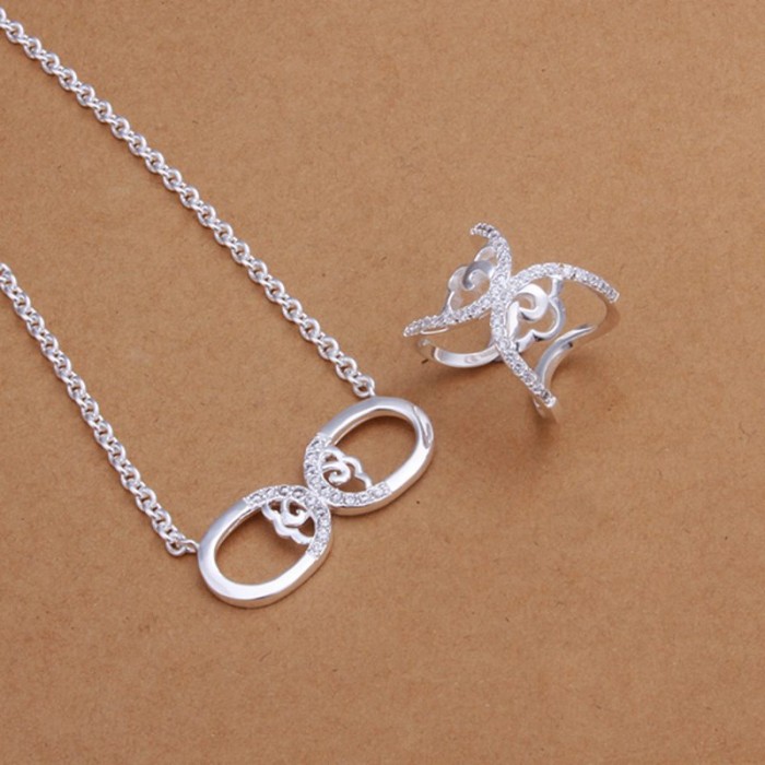 SS414 Silver Crystal Geometry Rings Necklace Jewelry Sets