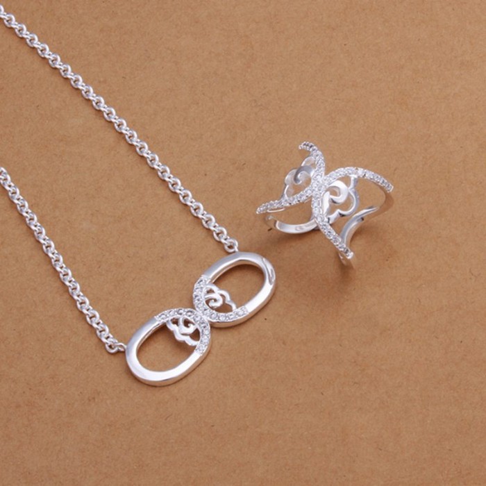 SS414 Silver Crystal Geometry Rings Necklace Jewelry Sets