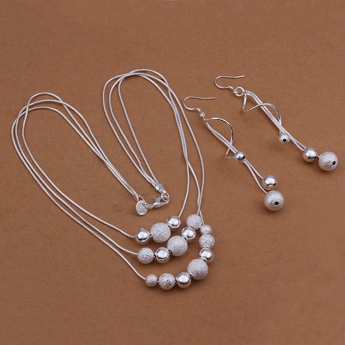 SS423 Silver Chain Bead Earrings Necklace Jewelry Sets