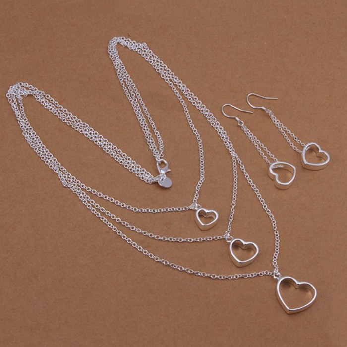 SS424 Silver Heart Chain Earrings Necklace Jewelry Sets