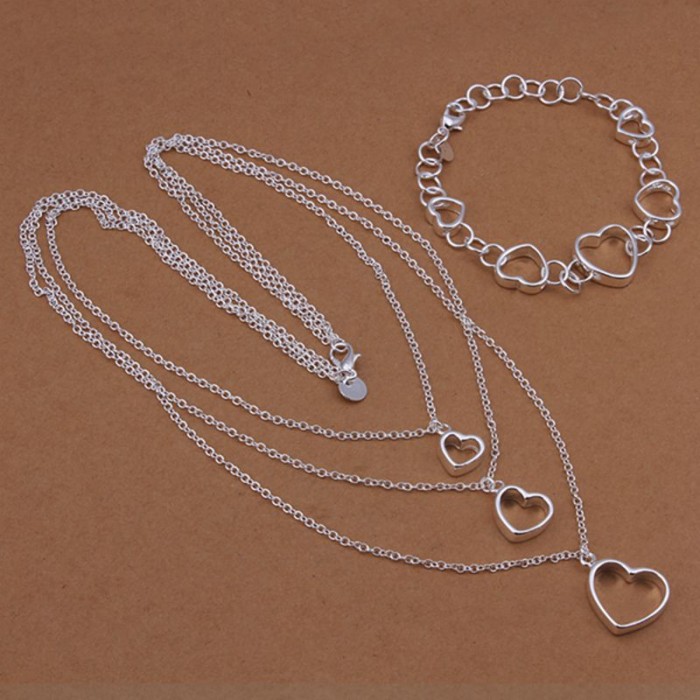 SS425 Silver Heart Chain Bracelet Necklace Jewelry Sets