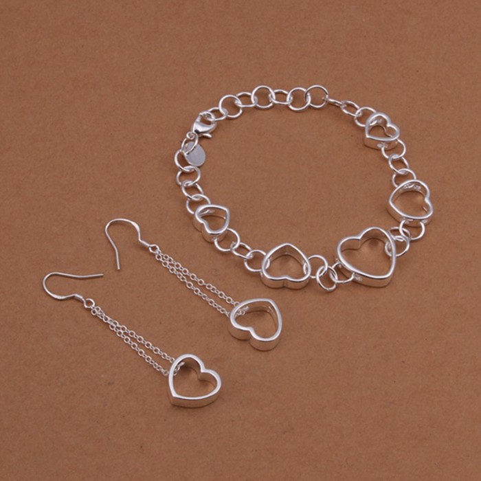 SS427 Silver Heart Chain Bracelet Earrings Jewelry Sets