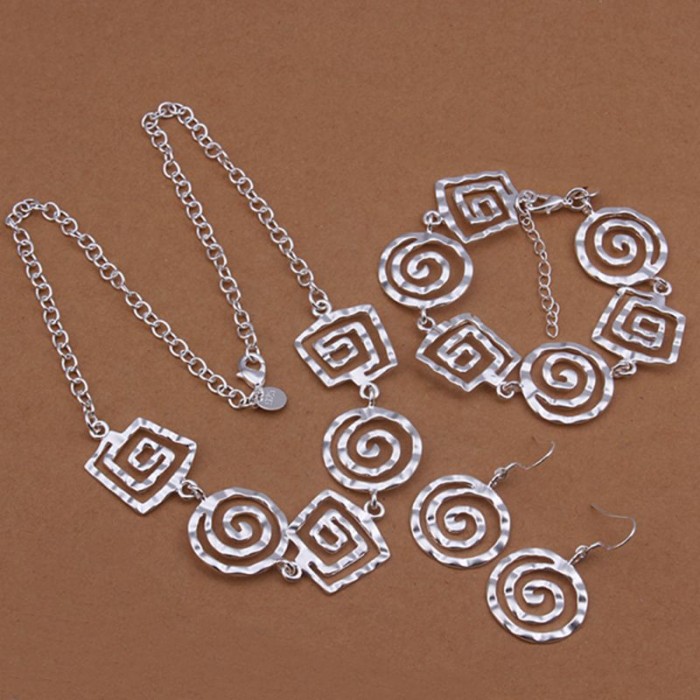 SS430 Silver Thread Earrings Bracelet Necklace Jewelry Sets
