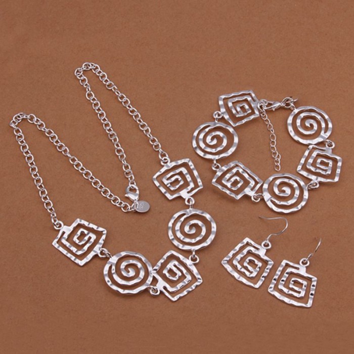 SS431 Silver Thread Earrings Bracelet Necklace Jewelry Sets