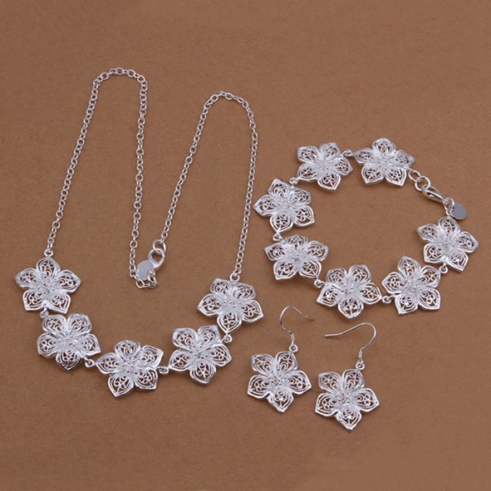 SS450 Silver Flower Bracelet Earrings Necklace Jewelry Sets