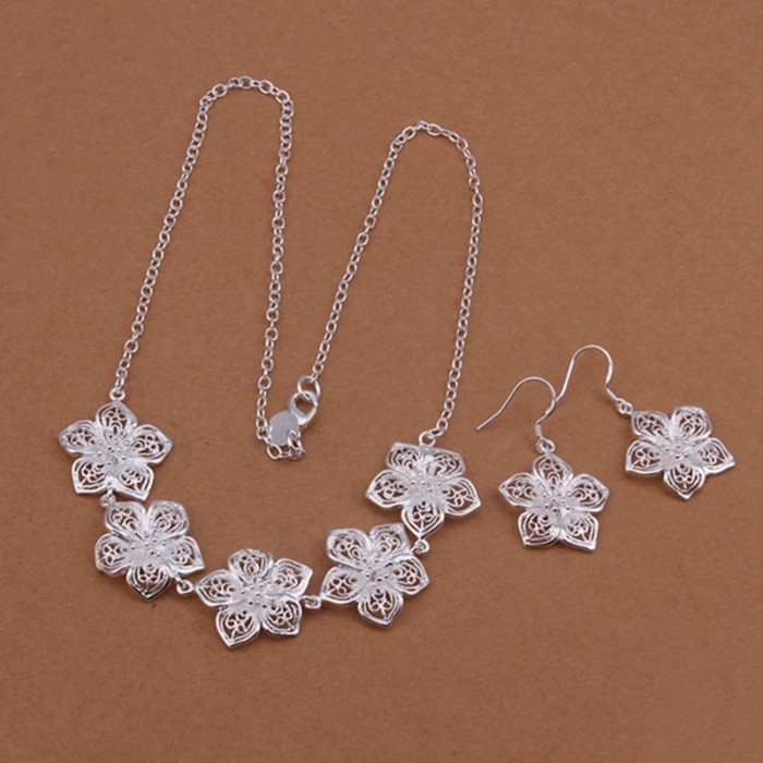 SS451 Silver Flower Earrings Necklace Jewelry Sets