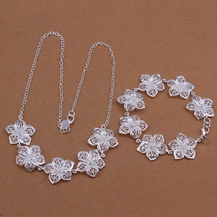 SS452 Silver Flower Bracelet Necklace Jewelry Sets