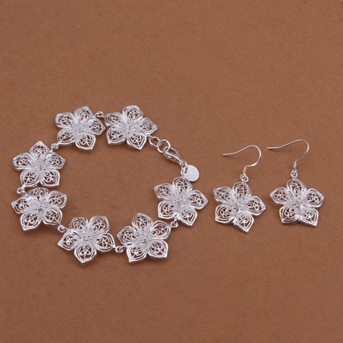 SS453 Silver Flower Bracelet Earrings Jewelry Sets