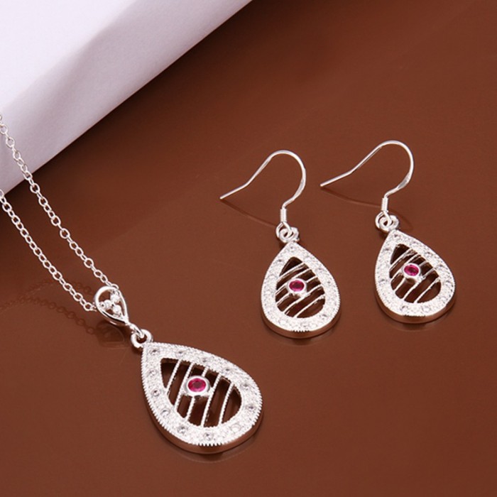 SS471 Silver Crystal Waterdrop Earrings Necklace Jewelry Sets