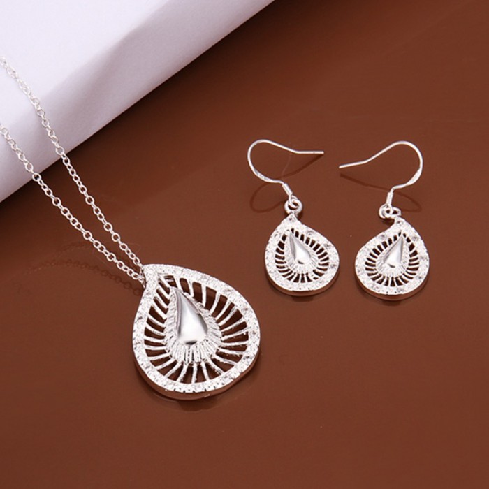 SS473 Silver Crystal Waterdrop Earrings Necklace Jewelry Sets