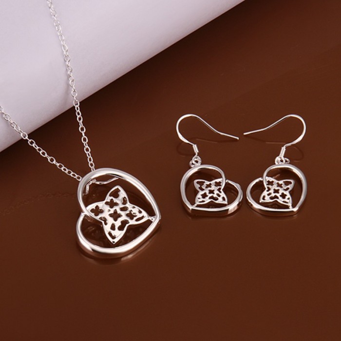 SS474 Silver Heart Earrings Necklace Jewelry Sets