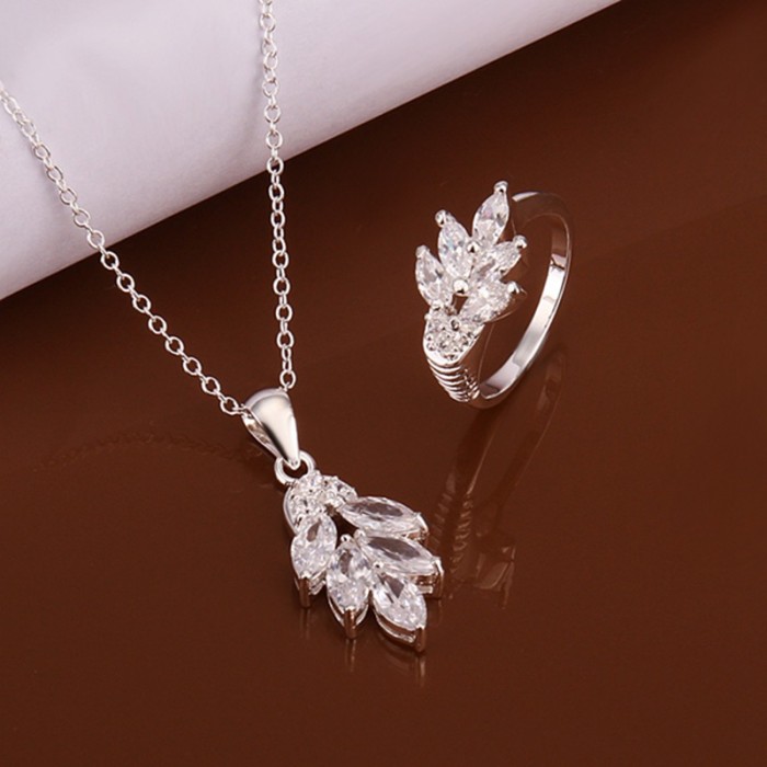 SS490 Silver Crystal Leaf Rings Necklace Jewelry Sets