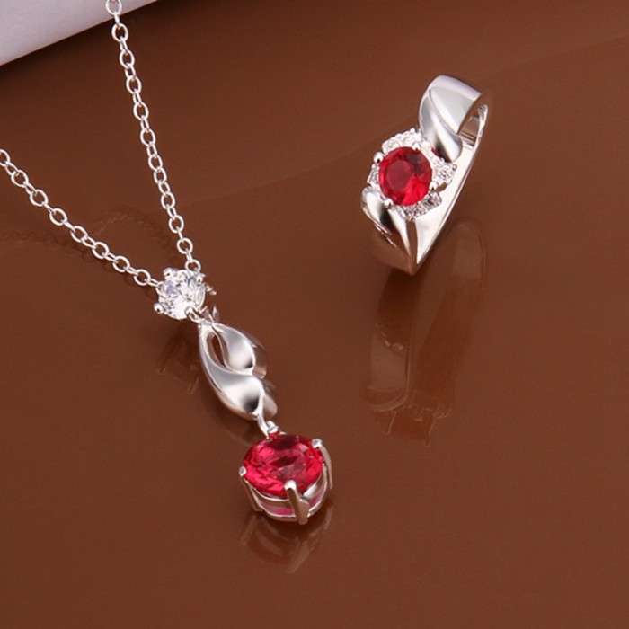 SS589 Silver Red Crystal Waterdrop Rings Necklace Jewelry Sets