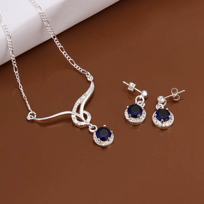 SS597 Silver Blue Crystal Luxury Earrings Necklace Jewelry Sets