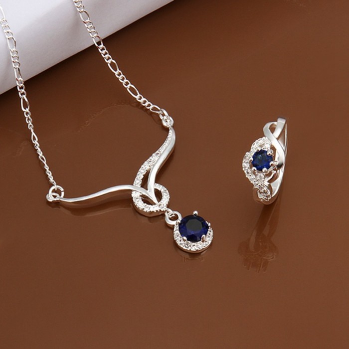 SS598 Silver Blue Crystal Luxury Rings Necklace Jewelry Sets