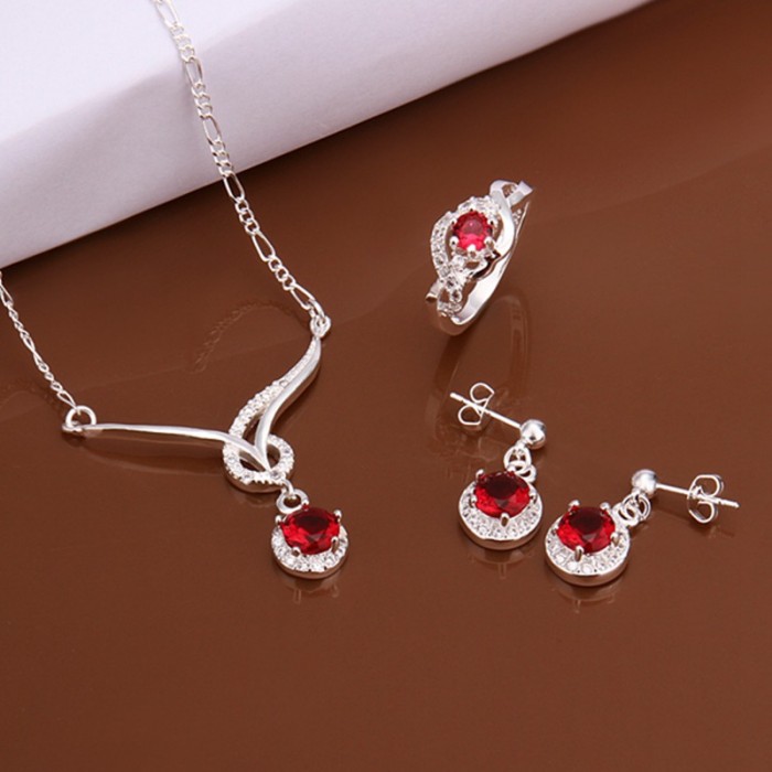 SS599 Silver Red Crystal Luxury Earrings Rings Necklace Jewelry Sets
