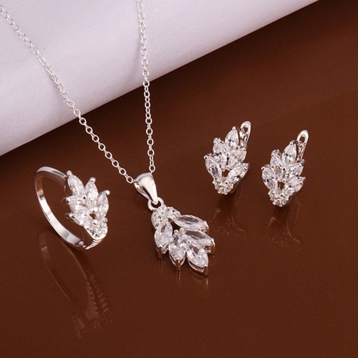 SS618 Silver Crystal Leaf Earrings Rings Necklace Jewelry Sets