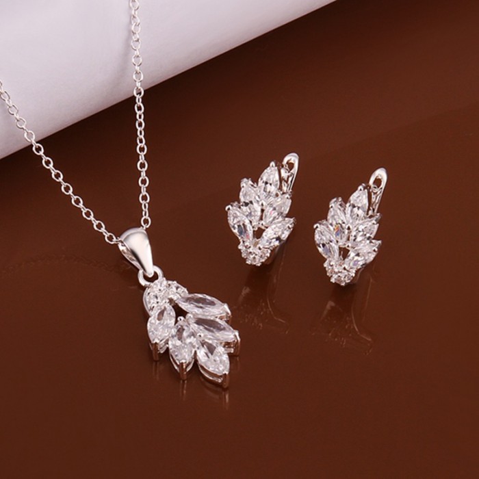 SS619 Silver Crystal Leaf Rings Necklace Jewelry Sets