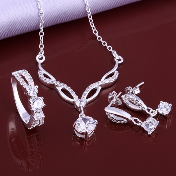 SS631 Silver Crystal Luxury Earrings Rings Necklace Jewelry Sets