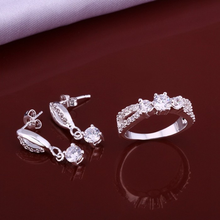SS632 Silver Crystal Luxury Earrings Rings Jewelry Sets