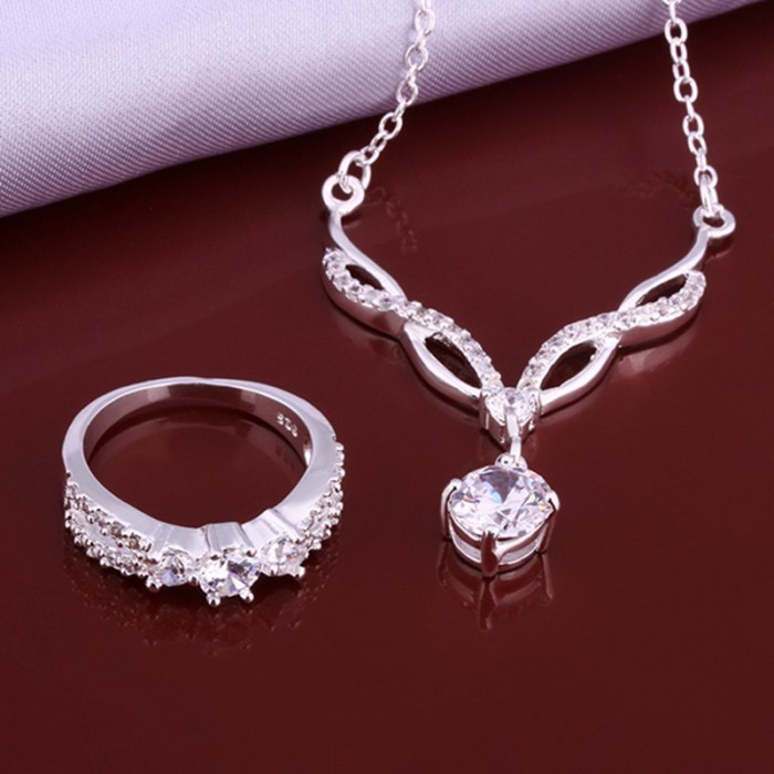 SS634 Silver Crystal Luxury Rings Necklace Jewelry Sets