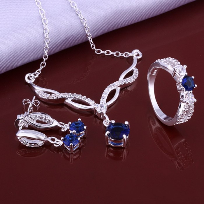 SS639 Silver Blue Crystal Luxury Earrings Rings Necklace Jewelry Sets