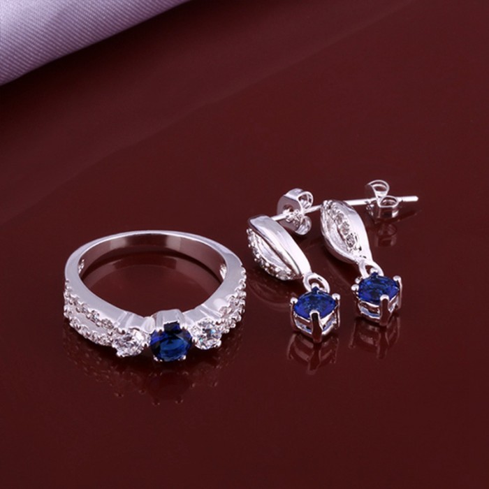 SS640 Silver Blue Crystal Luxury Earrings Rings Jewelry Sets