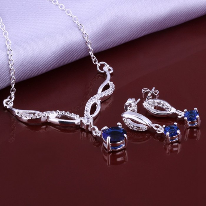 SS642 Silver Blue Crystal Luxury Earrings Necklace Jewelry Sets