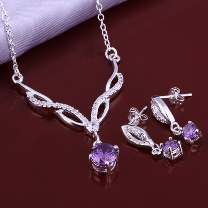 SS644 Silver Purple Crystal Luxury Earrings Necklace Jewelry Sets