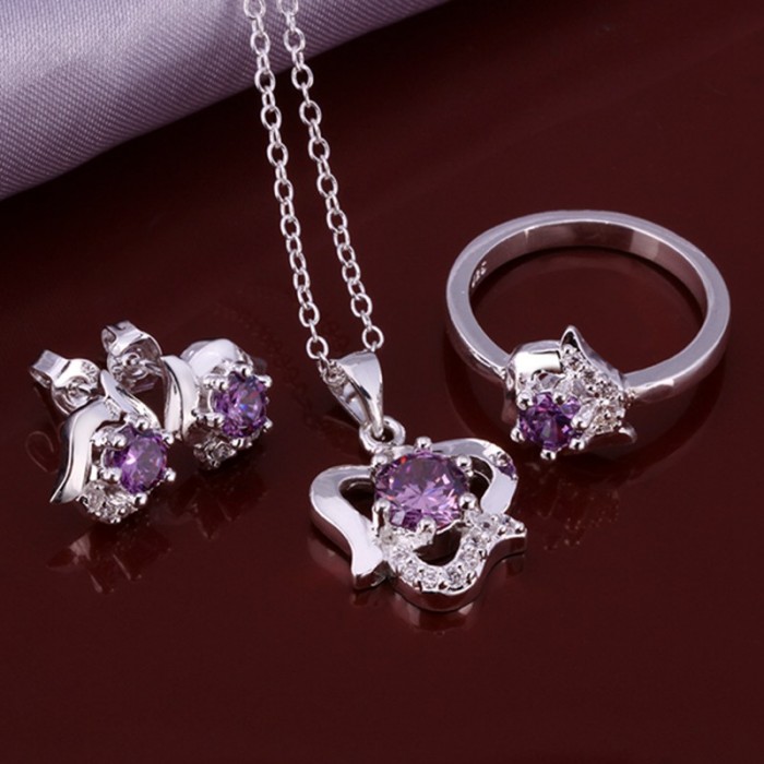 SS651 Silver Purple Crystal Heart Earrings Rings Necklace Jewelry Sets