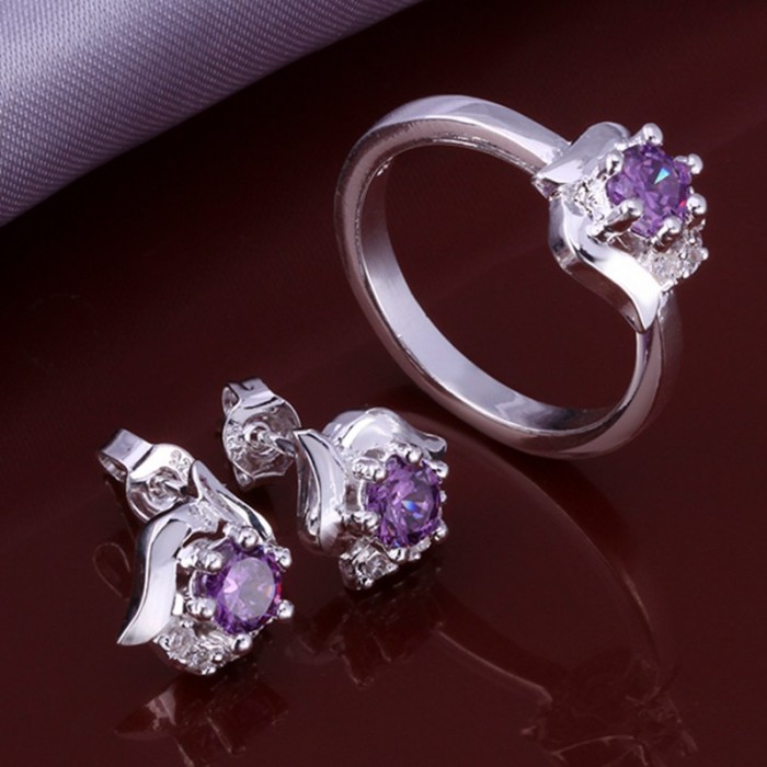 SS652 Silver Purple Crystal Heart Earrings Rings Jewelry Sets