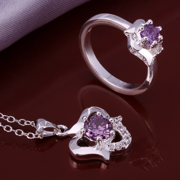 SS653 Silver Purple Crystal Heart Rings Necklace Jewelry Sets