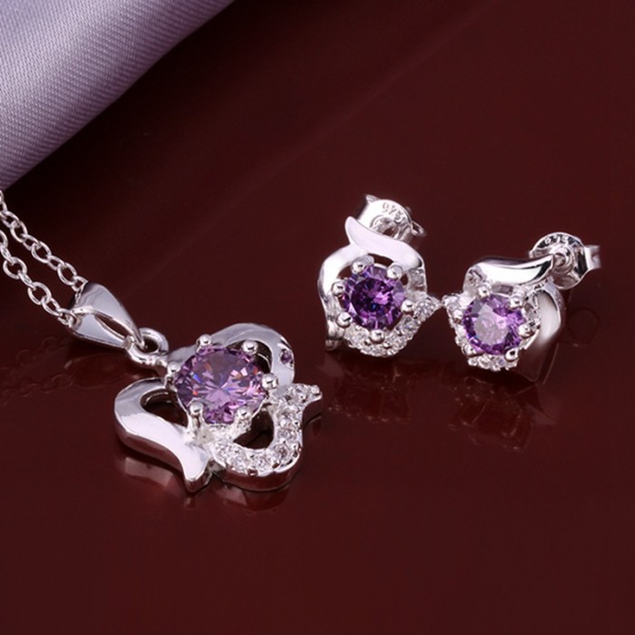 SS654 Silver Purple Crystal Heart Earrings Necklace Jewelry Sets