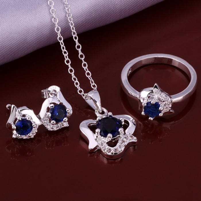 SS659 Silver Blue Crystal Heart Earrings Rings Necklace Jewelry Sets
