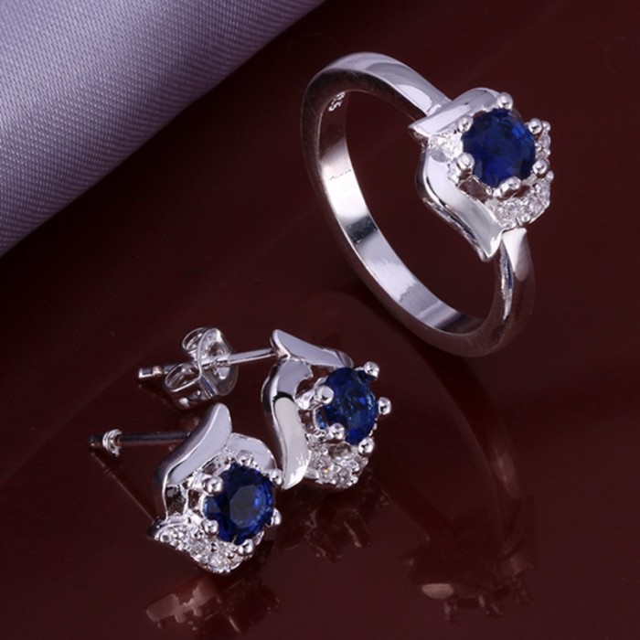 SS660 Silver Blue Crystal Heart Earrings Rings Jewelry Sets