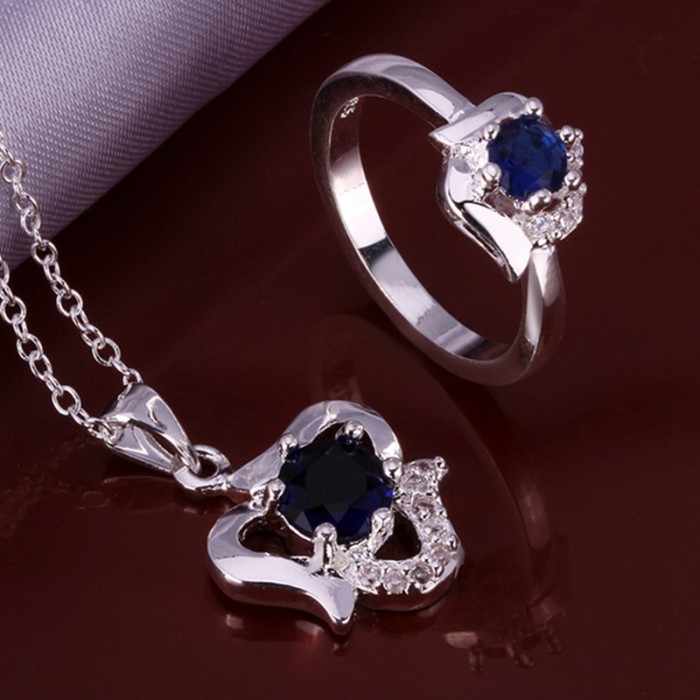 SS661 Silver Blue Crystal Heart Rings Necklace Jewelry Sets