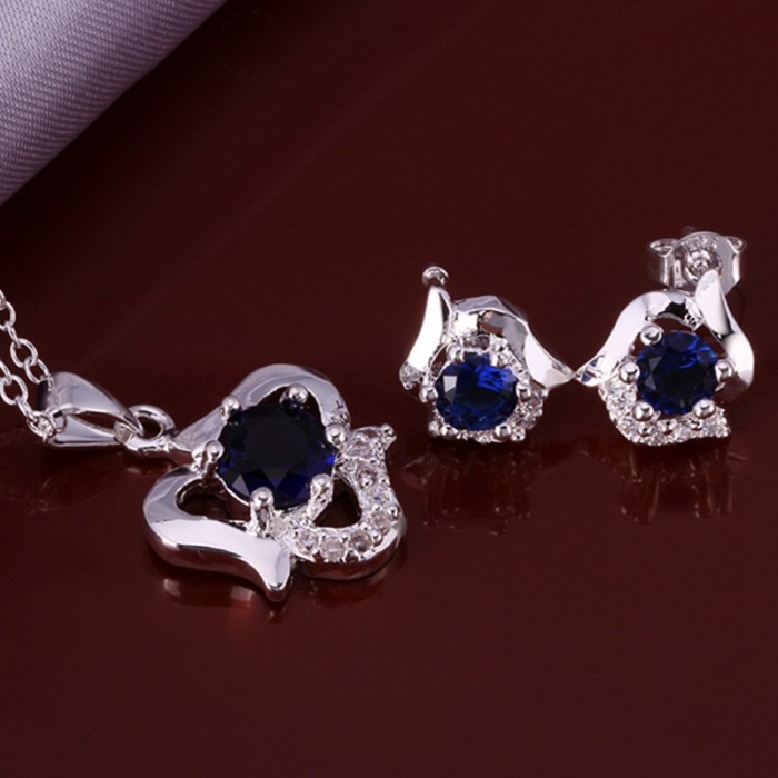 SS662 Silver Blue Crystal Heart Earrings Necklace Jewelry Sets