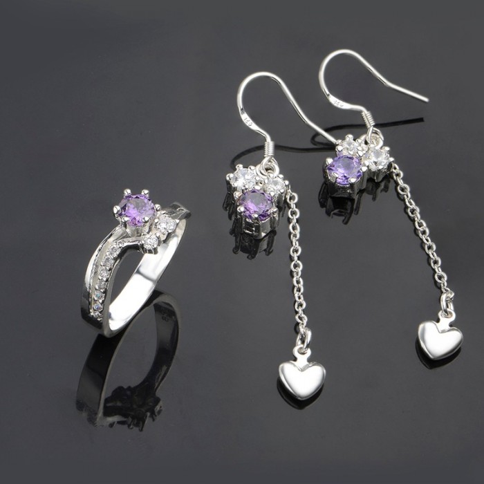 SS678 Silver Purple Crystal Cute Earrings Rings Jewelry Sets