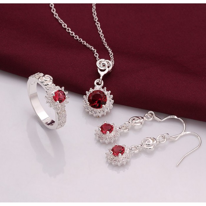 SS693 Silver Red Crystal Sun Earrings Rings Necklace Jewelry Sets